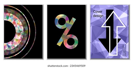 Diseño de portada. Conjunto de 3 cubiertas. Imitación de papel desmenuzado. Inusual fondo abstracto brillante para revista, libro, splash, banner, vector. Imitación de papel cruzado