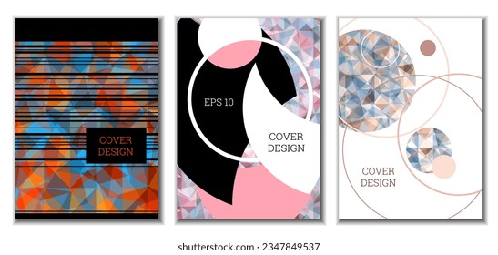 Cover design. Set of 3 covers. Imitation of crumpled paper. Unusual bright abstract background for magazine, book, splash, banner, vector. Imitation of crumpled paper