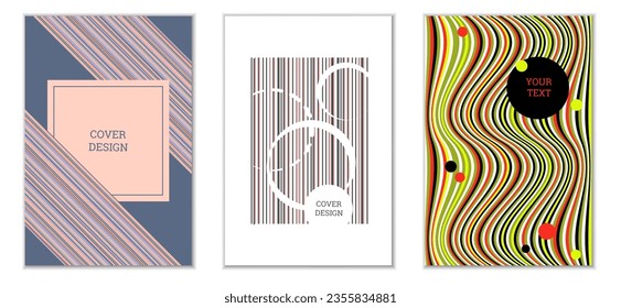 Diseño de portada. Conjunto de 3 cubiertas. Imitación de papel desmenuzado. Inusual fondo abstracto brillante para revista, libro, splash, banner, vector. Imitación de papel cruzado