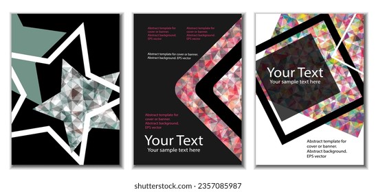 Diseño de portada. Conjunto de 3 cubiertas. Imitación de papel desmenuzado. Inusual fondo abstracto brillante para revista, libro, splash, banner, vector. Imitación de papel cruzado