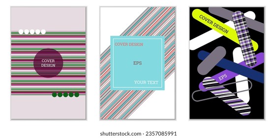 Diseño de portada. Conjunto de 3 cubiertas. Imitación de papel desmenuzado. Inusual fondo abstracto brillante para revista, libro, splash, banner, vector. Imitación de papel cruzado