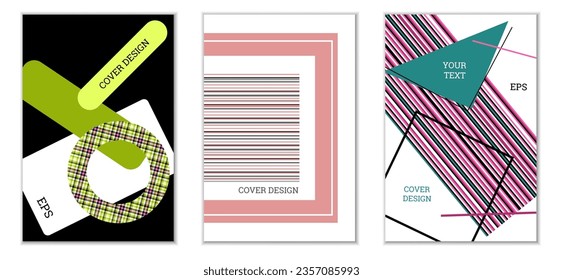 Diseño de portada. Conjunto de 3 cubiertas. Imitación de papel desmenuzado. Inusual fondo abstracto brillante para revista, libro, splash, banner, vector. Imitación de papel cruzado