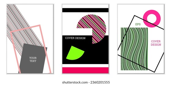 Cover design. Set of 3 covers. Imitation of crumpled paper. Unusual bright abstract background for magazine, book, splash, banner, vector. Imitation of crumpled paper