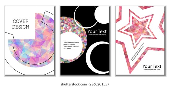 Cover design. Set of 3 covers. Imitation of crumpled paper. Unusual bright abstract background for magazine, book, splash, banner, vector. Imitation of crumpled paper
