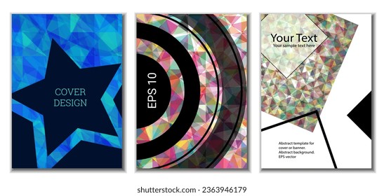 Diseño de portada. Conjunto de 3 cubiertas. Imitación de papel desmenuzado. Inusual fondo abstracto brillante para revista, libro, splash, banner, vector. Imitación de papel cruzado