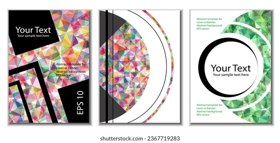 Deckungsdesign. Satz von 3 Covern. Nachahmung von zerbrochenem Papier. Ungewöhnlicher heller abstrakter Hintergrund für Magazin, Buch, Splash, Banner, Vektorgrafik. Nachahmung von zerkleinertem Papier