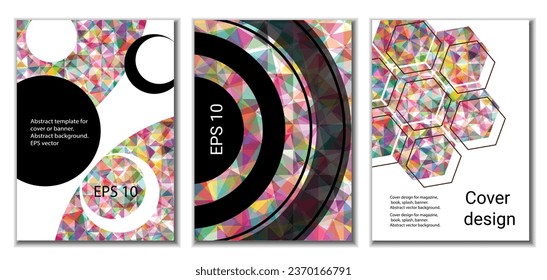 Diseño de portada. Conjunto de 3 cubiertas. Imitación de papel desmenuzado. Inusual fondo abstracto brillante para revista, libro, splash, banner, vector. Imitación de papel cruzado