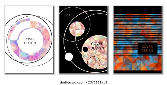 Cover design. Set of 3 covers. Imitation of crumpled paper. Unusual bright abstract background for magazine, book, splash, banner, vector. Imitation of crumpled paper