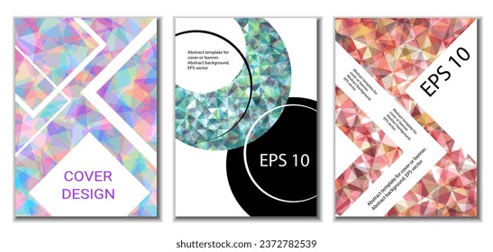 Deckungsdesign. Satz von 3 Covern. Nachahmung von zerbrochenem Papier. Ungewöhnlicher heller abstrakter Hintergrund für Magazin, Buch, Splash, Banner, Vektorgrafik. Nachahmung von zerkleinertem Papier