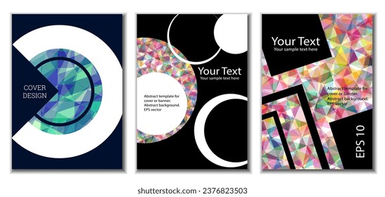 Deckungsdesign. Satz von 3 Covern. Nachahmung von zerbrochenem Papier. Ungewöhnlicher heller abstrakter Hintergrund für Magazin, Buch, Splash, Banner, Vektorgrafik. Nachahmung von zerkleinertem Papier