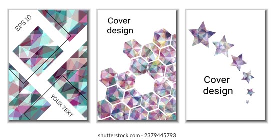 Cover design. Set of 3 covers. Imitation of crumpled paper. Unusual bright abstract background for magazine, book, splash, banner, vector. Imitation of crumpled paper