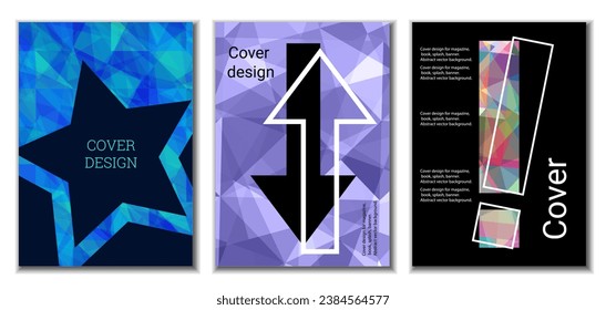 Cover design. Set of 3 covers. Imitation of crumpled paper. Unusual bright abstract background for magazine, book, splash, banner, vector. Imitation of crumpled paper
