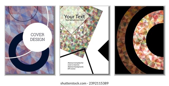 Diseño de portada. Conjunto de 3 cubiertas. Imitación de papel desmenuzado. Inusual fondo abstracto brillante para revista, libro, splash, banner, vector. Imitación de papel cruzado