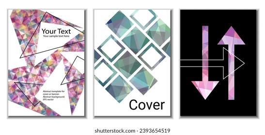 Cover design. Set of 3 covers. Imitation of crumpled paper. Unusual bright abstract background for magazine, book, splash, banner, vector. Imitation of crumpled paper