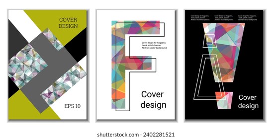 Cover design. Set of 3 covers. Imitation of crumpled paper. Unusual bright abstract background for magazine, book, splash, banner, vector. Imitation of crumpled paper