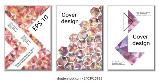 Cover design. Set of 3 covers. Imitation of crumpled paper. Unusual bright abstract background for magazine, book, splash, banner, vector. Imitation of crumpled paper