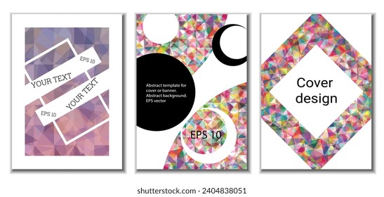 Diseño de portada. Conjunto de 3 cubiertas. Imitación de papel desmenuzado. Inusual fondo abstracto brillante para revista, libro, splash, banner, vector. Imitación de papel cruzado