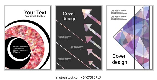 Cover design. Set of 3 covers. Imitation of crumpled paper. Unusual bright abstract background for magazine, book, splash, banner, vector. Imitation of crumpled paper