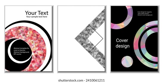 Diseño de portada. Conjunto de 3 cubiertas. Imitación de papel desmenuzado. Inusual fondo abstracto brillante para revista, libro, splash, banner, vector. Imitación de papel cruzado