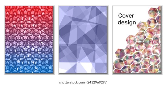 Cover design. Set of 3 covers. Imitation of crumpled paper. Unusual bright abstract background for magazine, book, splash, banner, vector. Imitation of crumpled paper
