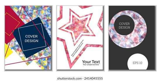 Cover design. Set of 3 covers. Imitation of crumpled paper. Unusual bright abstract background for magazine, book, splash, banner, vector. Imitation of crumpled paper