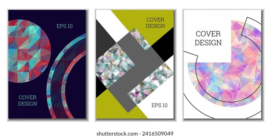 Cover design. Set of 3 covers. Imitation of crumpled paper. Unusual bright abstract background for magazine, book, splash, banner, vector. Imitation of crumpled paper