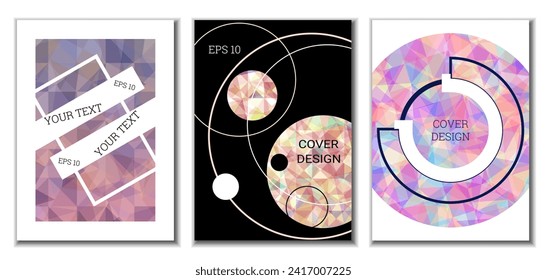 Cover design. Set of 3 covers. Imitation of crumpled paper. Unusual bright abstract background for magazine, book, splash, banner, vector. Imitation of crumpled paper
