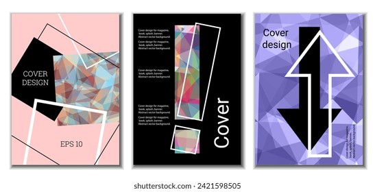 Cover design. Set of 3 covers. Imitation of crumpled paper. Unusual bright abstract background for magazine, book, splash, banner, vector. Imitation of crumpled paper