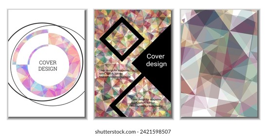 Diseño de portada. Conjunto de 3 cubiertas. Imitación de papel desmenuzado. Inusual fondo abstracto brillante para revista, libro, splash, banner, vector. Imitación de papel cruzado