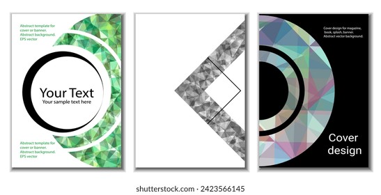 Diseño de portada. Conjunto de 3 cubiertas. Imitación de papel desmenuzado. Inusual fondo abstracto brillante para revista, libro, splash, banner, vector. Imitación de papel cruzado