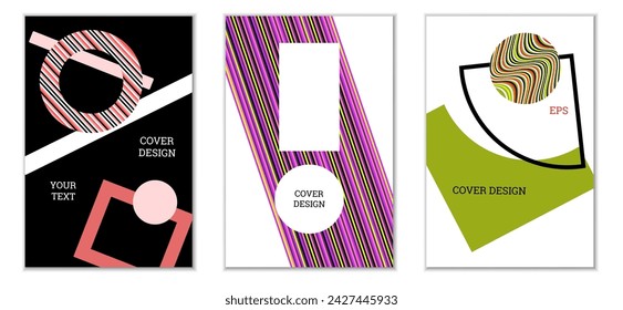 Cover design. Set of 3 covers. Imitation of crumpled paper. Unusual bright abstract background for magazine, book, splash, banner, vector. Imitation of crumpled paper
