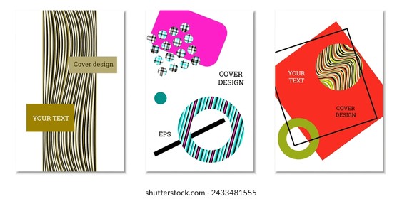 Cover design. Set of 3 covers. Imitation of crumpled paper. Unusual bright abstract background for magazine, book, splash, banner, vector. Imitation of crumpled paper