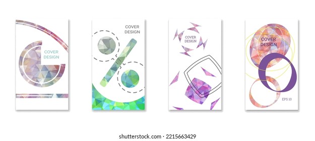 Deckungsdesign. Satz von 4 Covern. Nachahmung von zerbrochenem Papier. Ungewöhnlicher heller abstrakter Hintergrund für Magazin, Buch, Splash, Banner, Vektorgrafik. Nachahmung von zerkleinertem Papier