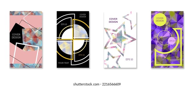 Cover design. Set of 4 covers. Imitation of crumpled paper. Unusual bright abstract background for magazine, book, splash, banner, vector. Imitation of crumpled paper