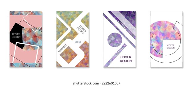 Cover design. Set of 4 covers. Imitation of crumpled paper. Unusual bright abstract background for magazine, book, splash, banner, vector. Imitation of crumpled paper