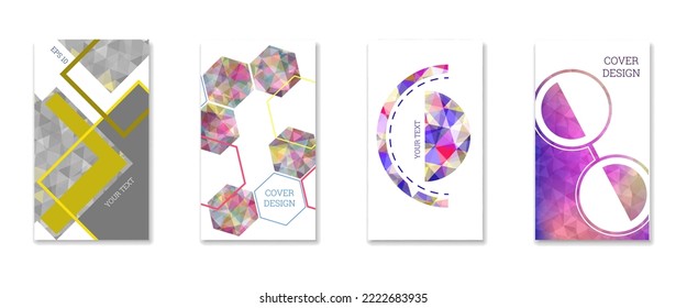 Diseño de portada. Conjunto de 4 cubiertas. Imitación de papel desmenuzado. Inusual fondo abstracto brillante para revista, libro, splash, banner, vector. Imitación de papel cruzado