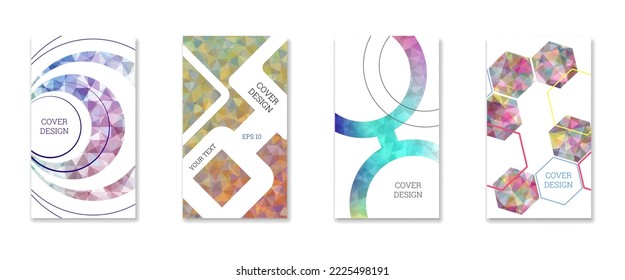 Cover design. Set of 4 covers. Imitation of crumpled paper. Unusual bright abstract background for magazine, book, splash, banner, vector. Imitation of crumpled paper