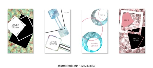 Cover design. Set of 4 covers. Imitation of crumpled paper. Unusual bright abstract background for magazine, book, splash, banner, vector. Imitation of crumpled paper