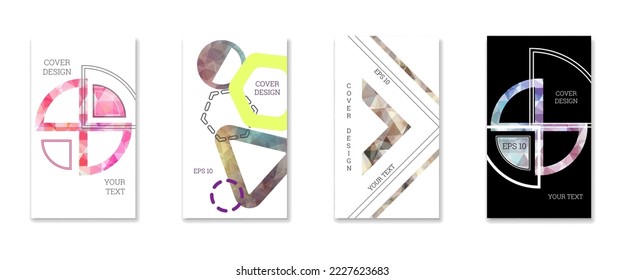 Deckungsdesign. Satz von 4 Covern. Nachahmung von zerbrochenem Papier. Ungewöhnlicher heller abstrakter Hintergrund für Magazin, Buch, Splash, Banner, Vektorgrafik. Nachahmung von zerkleinertem Papier