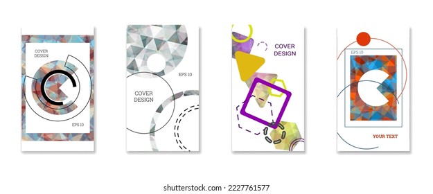 Diseño de portada. Conjunto de 4 cubiertas. Imitación de papel desmenuzado. Inusual fondo abstracto brillante para revista, libro, splash, banner, vector. Imitación de papel cruzado