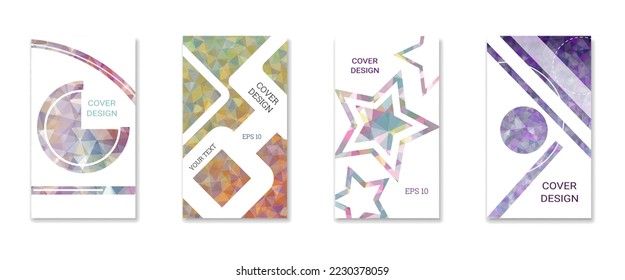 Cover design. Set of 4 covers. Imitation of crumpled paper. Unusual bright abstract background for magazine, book, splash, banner, vector. Imitation of crumpled paper