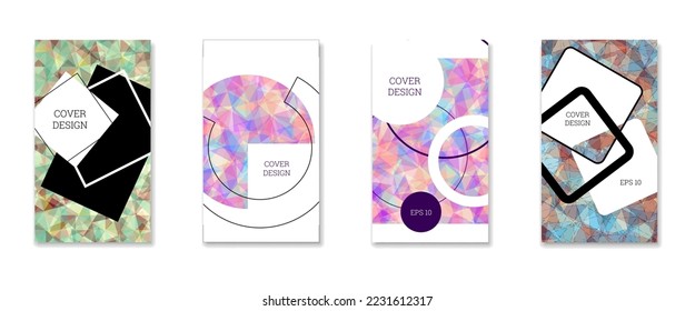 Diseño de portada. Conjunto de 4 cubiertas. Imitación de papel desmenuzado. Inusual fondo abstracto brillante para revista, libro, splash, banner, vector. Imitación de papel cruzado