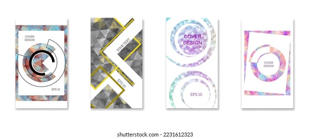 Diseño de portada. Conjunto de 4 cubiertas. Imitación de papel desmenuzado. Inusual fondo abstracto brillante para revista, libro, splash, banner, vector. Imitación de papel cruzado