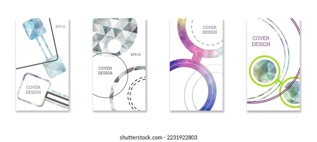 Diseño de portada. Conjunto de 4 cubiertas. Imitación de papel desmenuzado. Inusual fondo abstracto brillante para revista, libro, splash, banner, vector. Imitación de papel cruzado