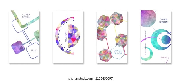 Cover design. Set of 4 covers. Imitation of crumpled paper. Unusual bright abstract background for magazine, book, splash, banner, vector. Imitation of crumpled paper