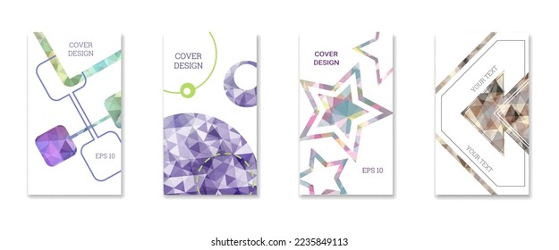 Cover design. Set of 4 covers. Imitation of crumpled paper. Unusual bright abstract background for magazine, book, splash, banner, vector. Imitation of crumpled paper