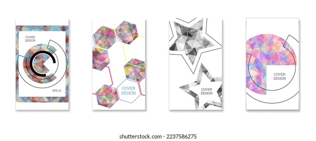Cover design. Set of 4 covers. Imitation of crumpled paper. Unusual bright abstract background for magazine, book, splash, banner, vector. Imitation of crumpled paper
