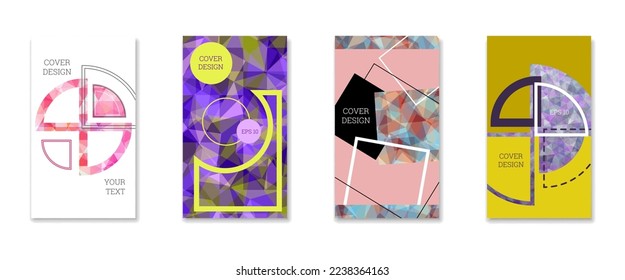 Deckungsdesign. Satz von 4 Covern. Nachahmung von zerbrochenem Papier. Ungewöhnlicher heller abstrakter Hintergrund für Magazin, Buch, Splash, Banner, Vektorgrafik. Nachahmung von zerkleinertem Papier