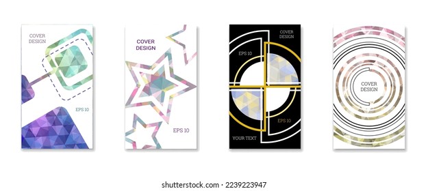 Diseño de portada. Conjunto de 4 cubiertas. Imitación de papel desmenuzado. Inusual fondo abstracto brillante para revista, libro, splash, banner, vector. Imitación de papel cruzado