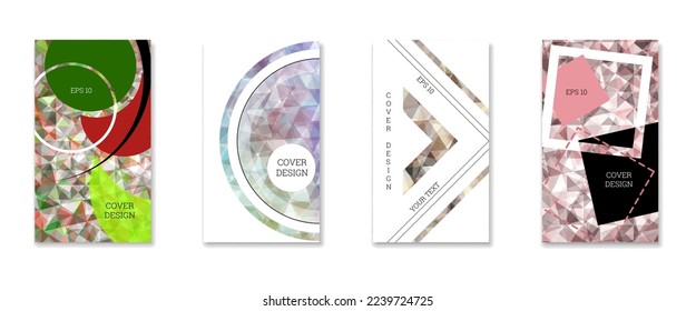 Cover design. Set of 4 covers. Imitation of crumpled paper. Unusual bright abstract background for magazine, book, splash, banner, vector. Imitation of crumpled paper